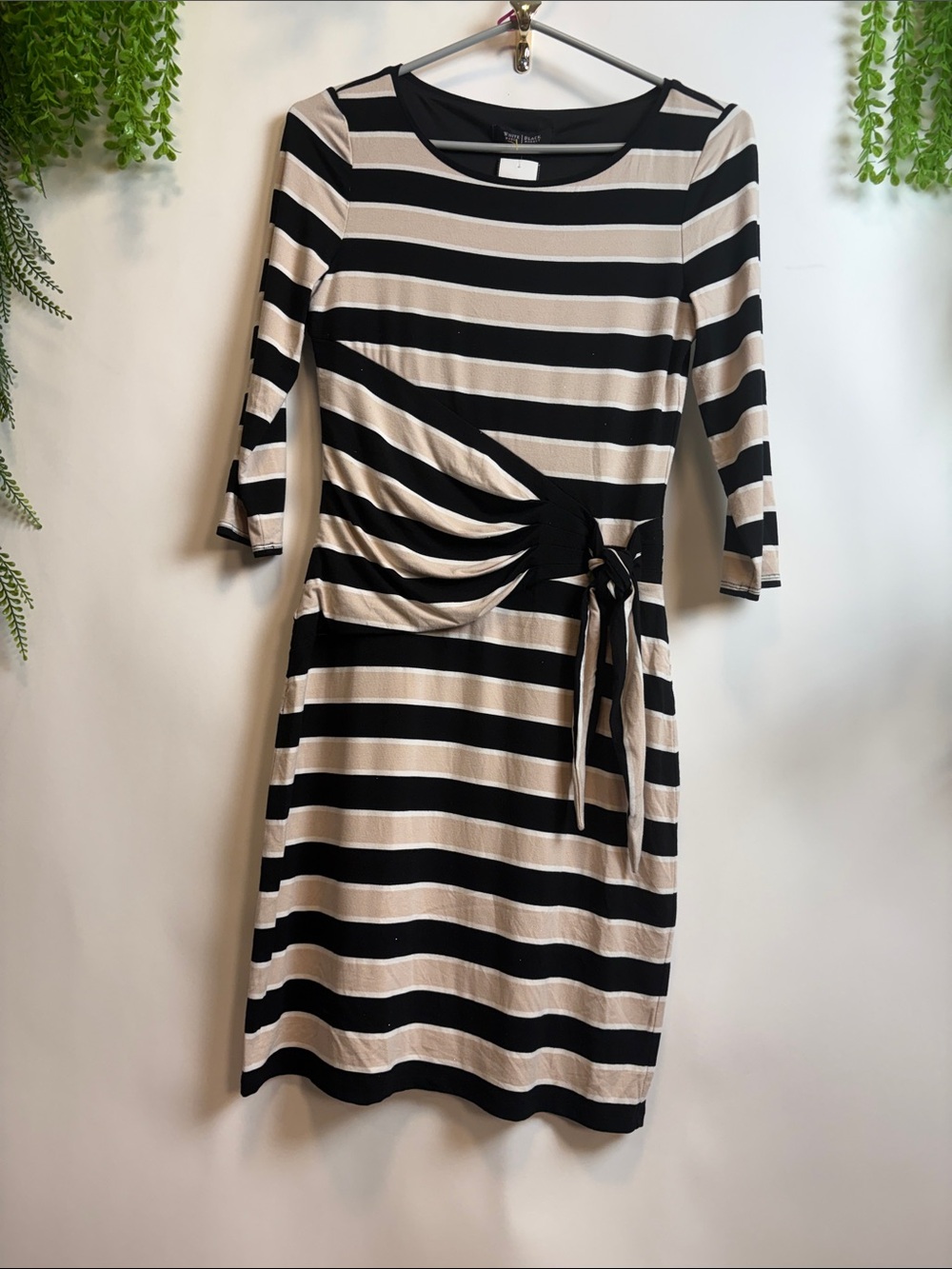 White House Black Market Black and Beige Striped Tie-Waist Midi Dress